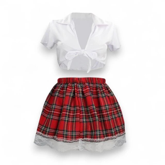 S LINE Costum sexy școlăriță S-LINE BY SHOTS Schoolgirl Costume pentru roleplay cămașă cu fustă în carouri mărime S/M alb-roșu