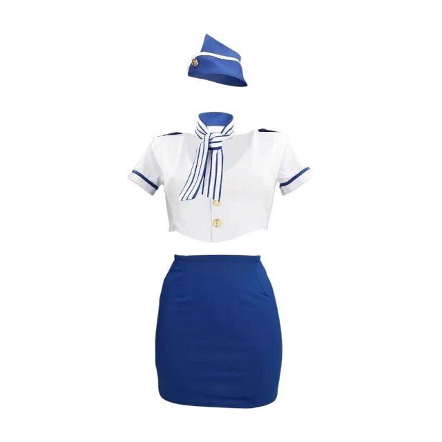 S-line Lenjerie erotică 4 piese Stewardess Costume costum sexy stewardesă pentru roleplay albastru și alb mărime S/M