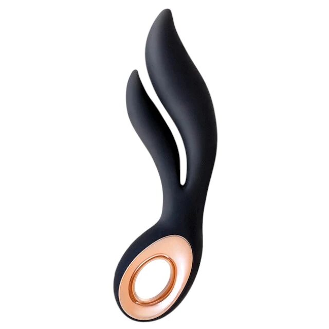 S PLEASURES Vibrator dublu Caress design ergonomic 7 funcții de vibrație rezistent la apă din silicon flexibil culoare negru cu auriu