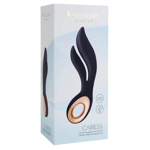 S PLEASURES Vibrator dublu Caress design ergonomic 7 funcții de vibrație rezistent la apă din silicon flexibil culoare negru cu auriu