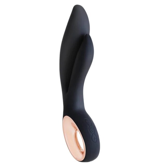S PLEASURES Vibrator dublu Caress design ergonomic 7 funcții de vibrație rezistent la apă din silicon flexibil culoare negru cu auriu