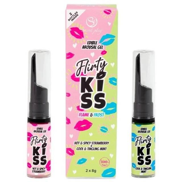 Secret Play Set geluri pentru sex oral Flirty Kiss Gel cu aromă de căpșuni și de mentă vegan fără gluten zahăr și lactoză 2 X 8 g