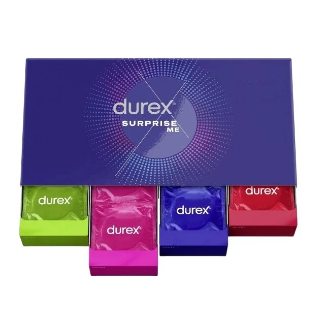  Set prezervative DUREX Surprise Me diverse sortimente extra subțiri groase cu nervuri și puncte din latex diametru 53/56 40 buc (cutie cadou)