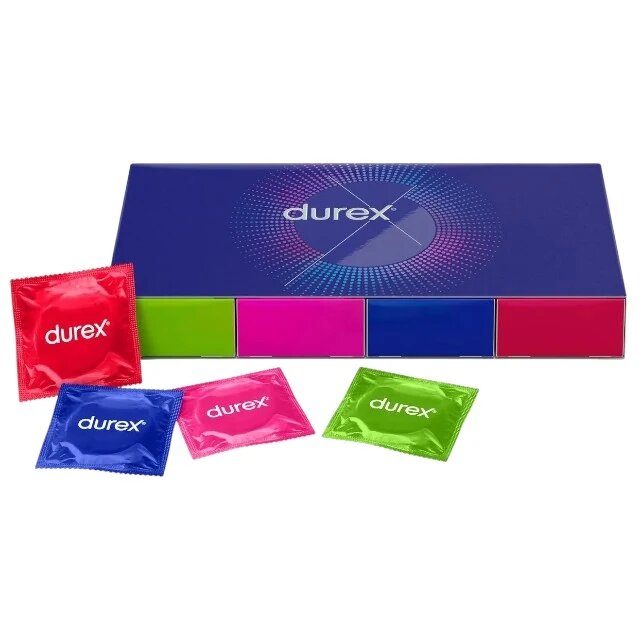  Set prezervative DUREX Surprise Me diverse sortimente extra subțiri groase cu nervuri și puncte din latex diametru 53/56 40 buc (cutie cadou)