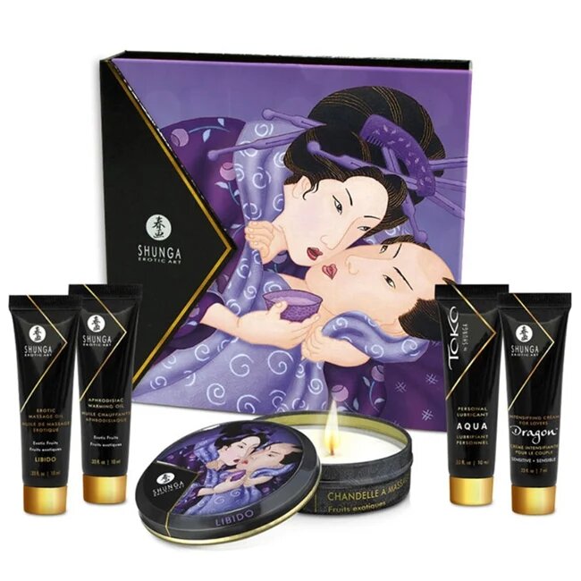 SHUNGA Set cadou - Secret Geisha fructe exotice ulei de masaj 10 ml ulei cu efect de incalzire aphrodisiac 10 ml lumanare lubrifiant 10 ml gel stimulant 7 ml
