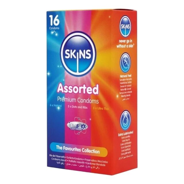 SKINS Prezervative Assorted Premium Condoms set cu 3 tipuri de prezervative din latex 16 bucăți