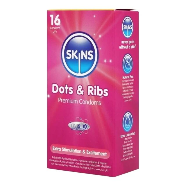 SKINS Prezervative Dots & Ribs Premium Condoms texturate pentru stimulare intensă din latex 16 bucăți