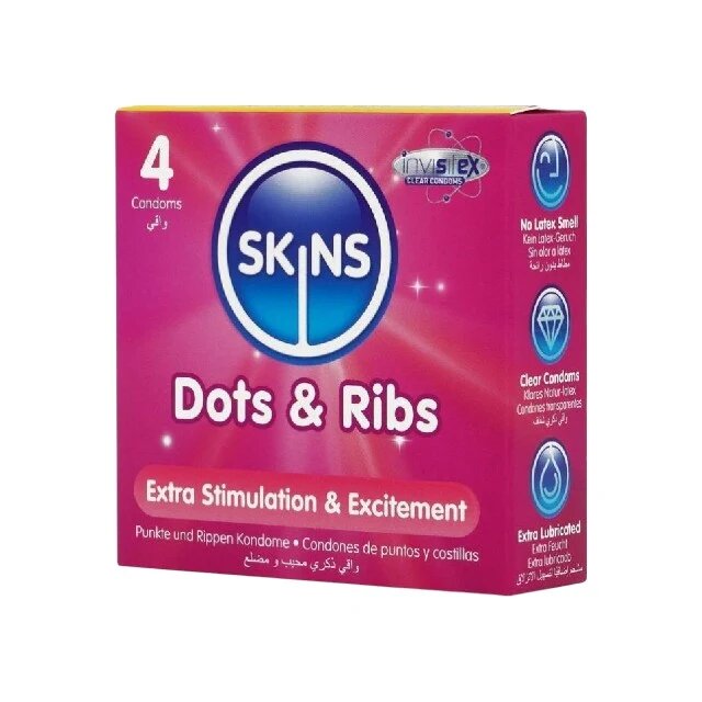 SKINS Prezervative Dots & Ribs Premium Condoms texturate pentru stimulare intensă din latex 4 bucăți