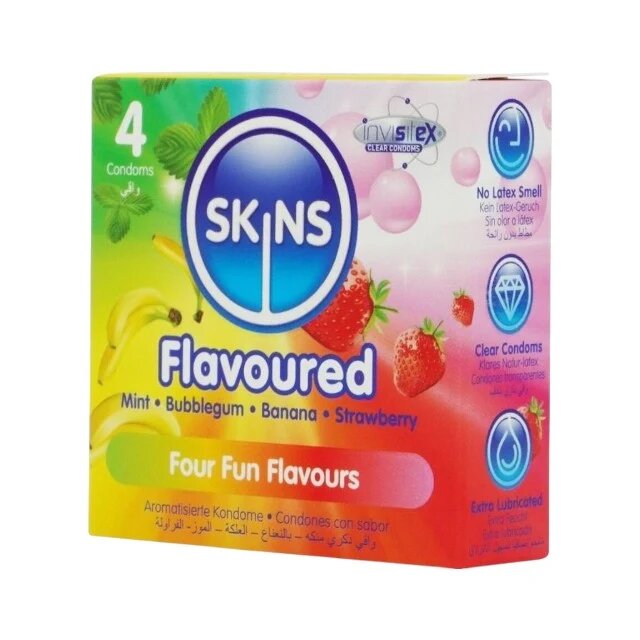 SKINS Prezervative Flavoured cu 4 arome (banană mentă căpșuni și bubblegum) din latex 4 bucăți