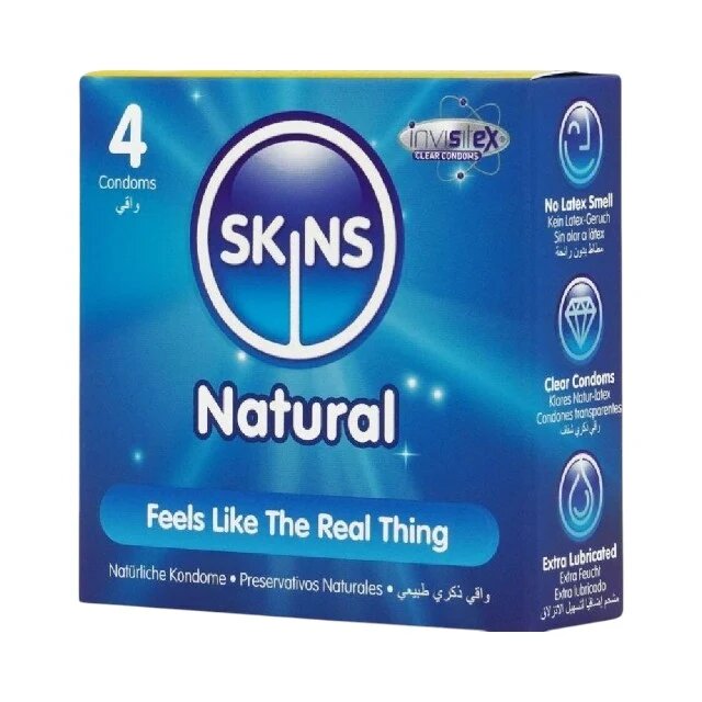 SKINS Prezervative Natural Premium Condoms din latex ultra-subțire și rezistent transparente 4 bucăți