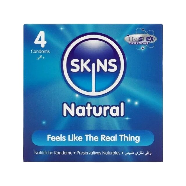 SKINS Prezervative Natural Premium Condoms din latex ultra-subțire și rezistent transparente 4 bucăți
