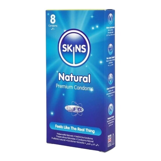 SKINS Prezervative Natural Premium Condoms din latex ultra-subțire și rezistent transparente 8 bucăți