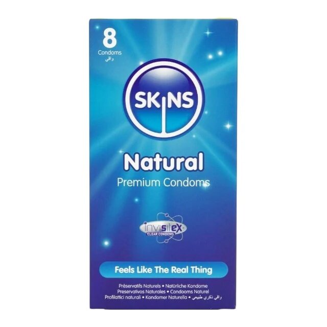 SKINS Prezervative Natural Premium Condoms din latex ultra-subțire și rezistent transparente 8 bucăți