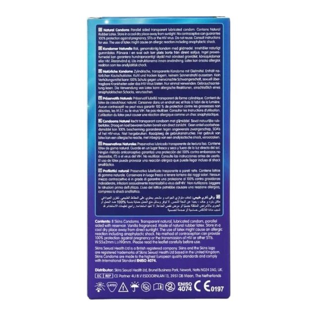 SKINS Prezervative Natural Premium Condoms din latex ultra-subțire și rezistent transparente 8 bucăți