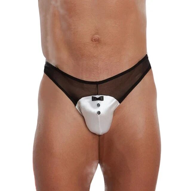 SoftLine Chilot sexy bărbați Thong 4467 cu design tuxedo cu papion din plasă și satin negru cu alb mărime M/L