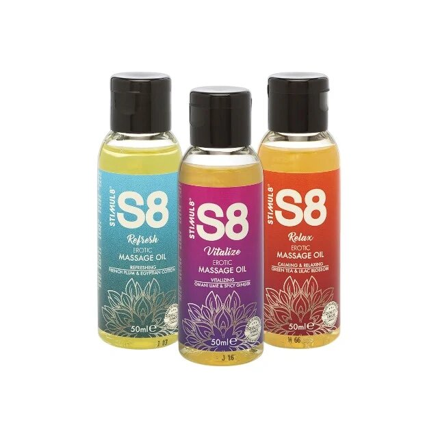 STIMUL8 S8 Set 3 uleiuri de masaj S8 Erotic Massage Oil efect afrodiziac cu ulei de Jojoba și de migdale diverse arome 3 x 50 ml