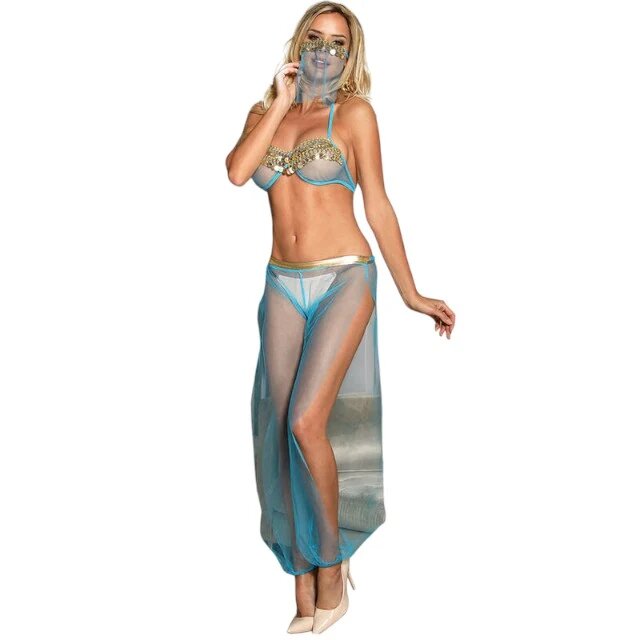 Subblime Costum sexy India Style set cu sutien șalvari și accesorii culoare albastru cu auriu mărime L/XL (model D-239900)