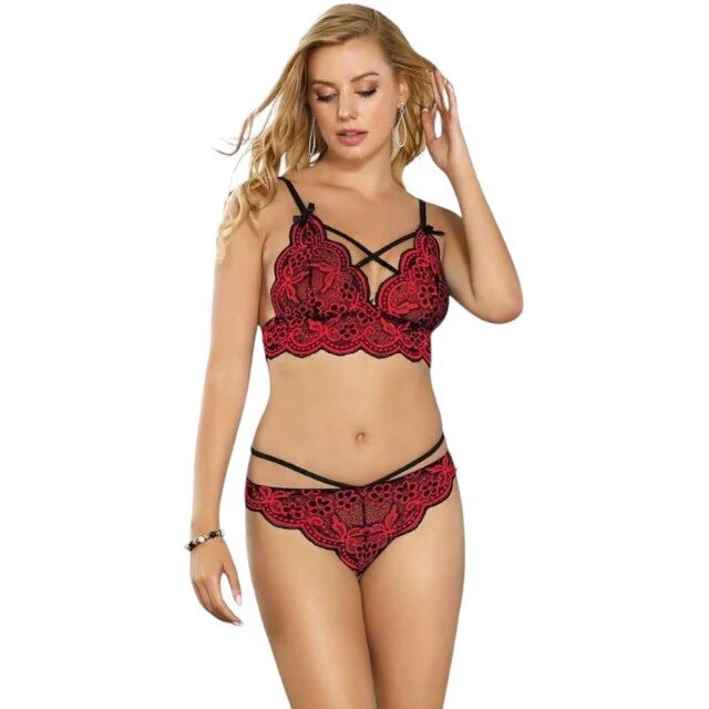 Subblime Lenjerie set 2 piese rosu si negru model cu bustiera din dantela si chilot tanga marime S/M