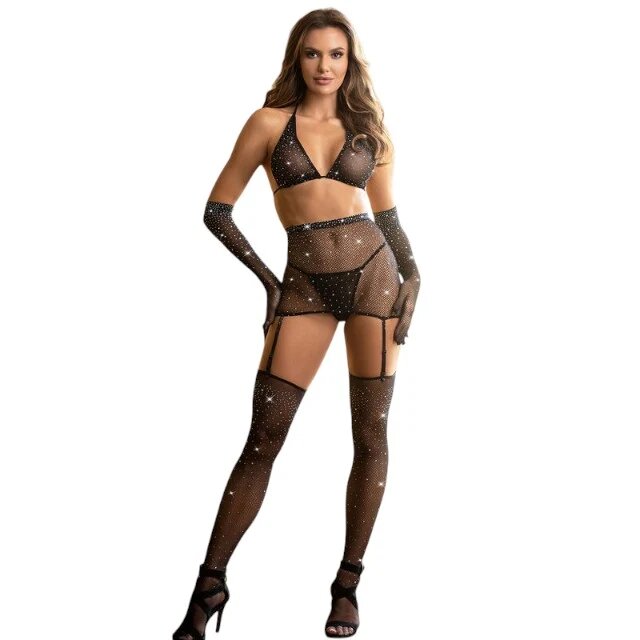Subblime Lenjerie set 4 piese - Bodystocking Diamonds model 952174 tip plasă negru mărime universală
