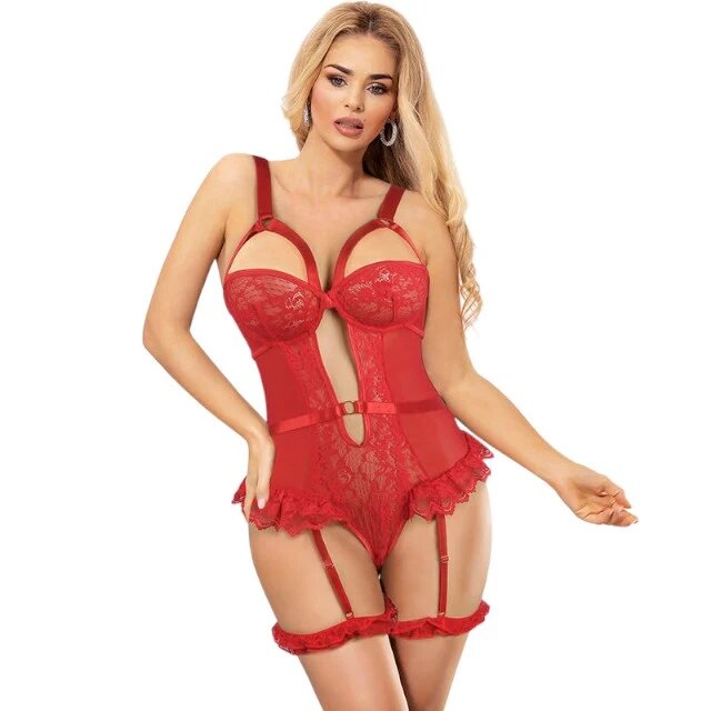 Subblime Lenjerie sexy Teddy with Garter body din dantelă cu bretele și portjartier culoare roșu marime L/XL