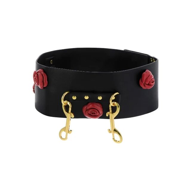 Taboom Curea Bondage Belt Wild Roses pentru jocuri erotice BDSM cu trandafiri decorativi din piele ecologică negru cu roșu L/XL/XXL