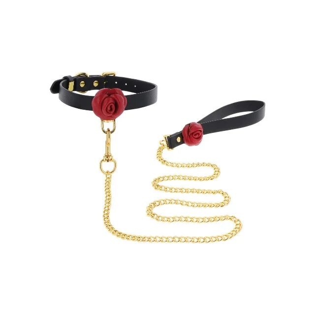 Taboom Set Collar & Leash Wild Roses pentru jocuri erotice BDSM cu trandafiri decorativi din piele naturală culoare negru cu roșu