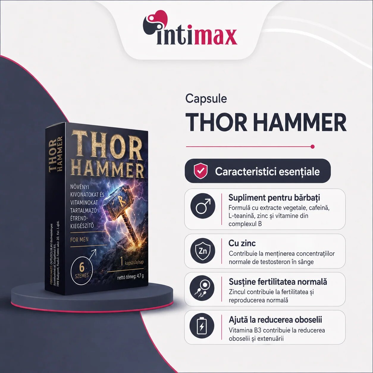 THOR HAMMER Capsule pentru stimularea erecției potență testosteron și fertilitate cu extract de șofran și zinc 6 buc