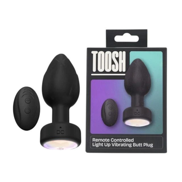 TOOSH Vibrator anal Light Up Vibrating Butt Plug cu telecomandă led multicolor 10 funcții de vibrație din silicon 7.6 cm inserabili negru