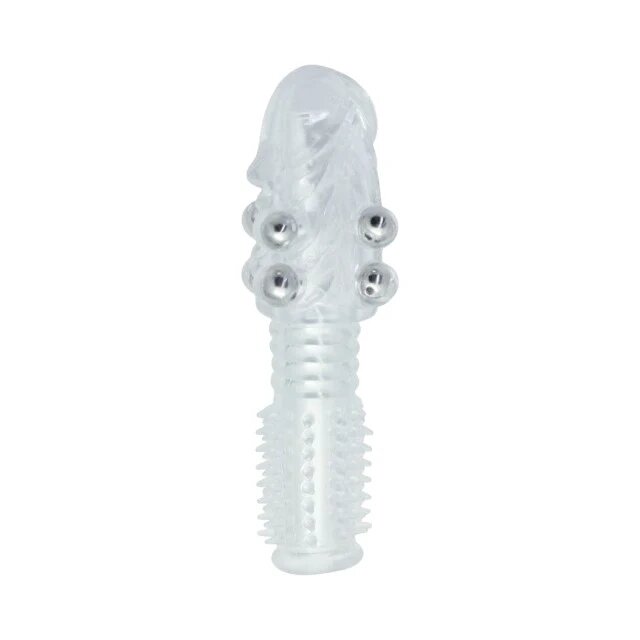 TOYZ4LOVERS Manșon pentru penis Stretchy Penis texturat cu bile de metal din TPE lungime 13.5 cm diametru 2 cm transparent