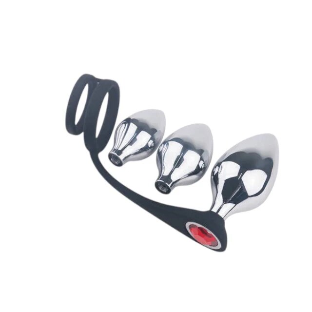 TOYZ4LOVERS Set plug anal Elys Pleasure Bully 3 dopuri anale cu inel detașabil pentru penis lungimi 5 - 6.9 cm argintiu cu negru