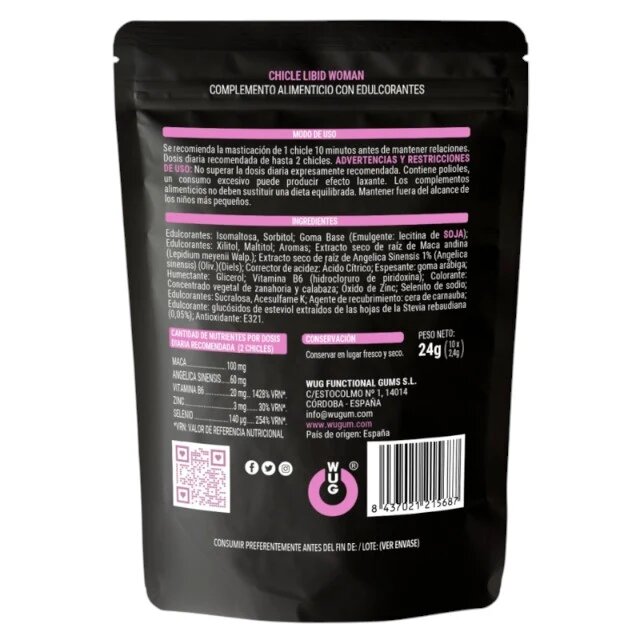 WUG Gumă de mestecat Chicle Libid Woman pentru libido feminin cu maca vitamina B6 zinc și seleniu fără zahăr 10 buc
