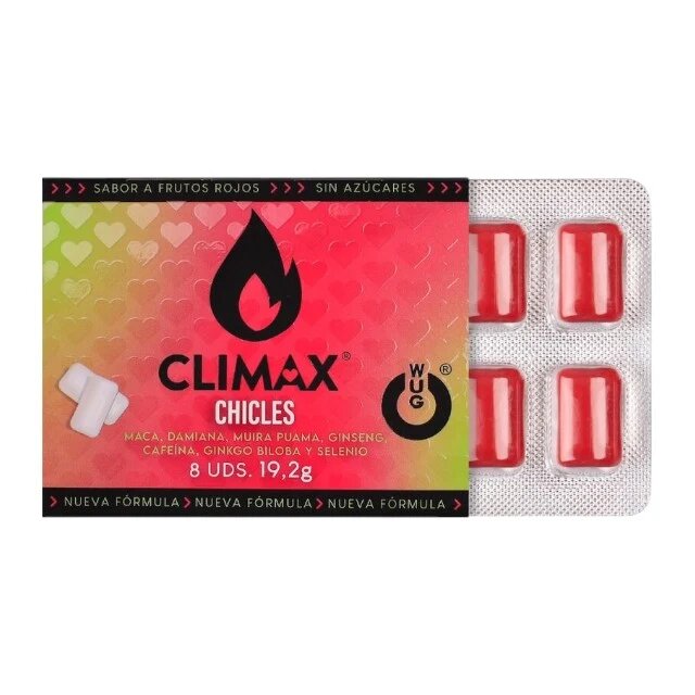 WUG Gumă de mestecat Climax poate ajuta la creșterea libidoului cu maca ginseng seleniu fără gluten aromă fructe roșii 8 buc