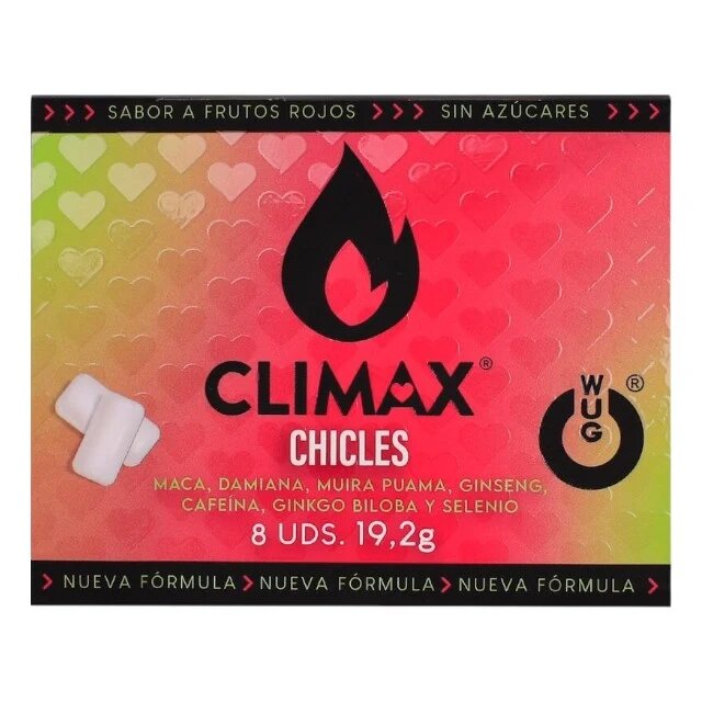 WUG Gumă de mestecat Climax poate ajuta la creșterea libidoului cu maca ginseng seleniu fără gluten aromă fructe roșii 8 buc