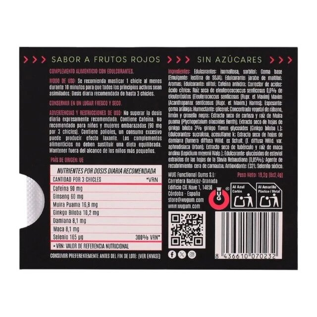 WUG Gumă de mestecat Climax poate ajuta la creșterea libidoului cu maca ginseng seleniu fără gluten aromă fructe roșii 8 buc