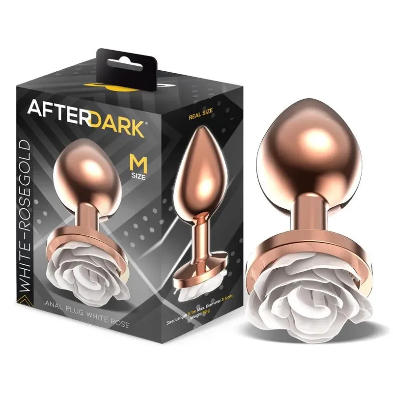 AFTERDARK Dop anal metal rose gold cu baza trandafir alb marimea M