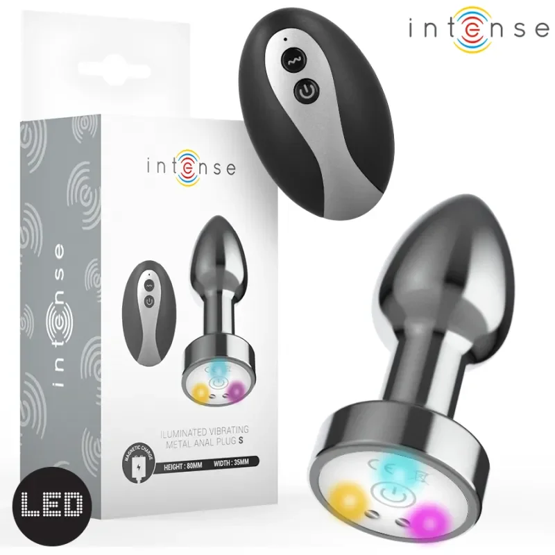INTENSE Dop anal metalic vibrator cu LED si telecomanda marimea S –