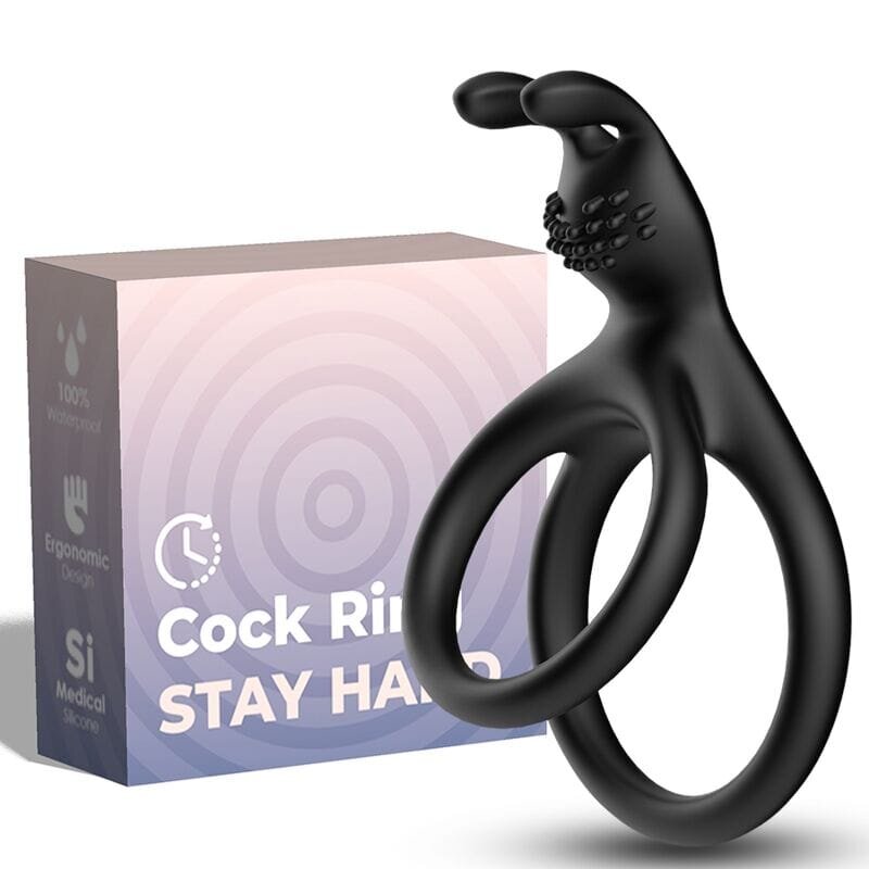 ARMONY Inel dublu – Tensy Rabbit din silicon medical cu urechi stimulatoare negru