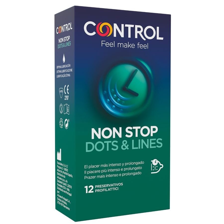 CONTROL Prezervative – Non Stop Dots & Lines pentru întârzierea ejaculării și plăcere prelungităcu striatii 12 bucăți