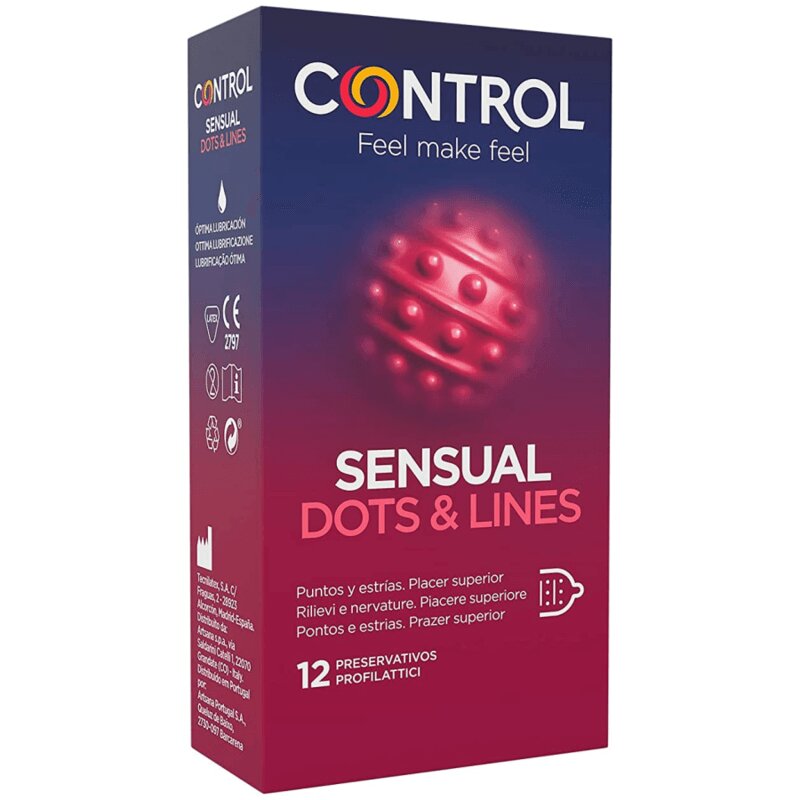 CONTROL Prezervative – Sensual Dots & Lines cu puncte și striații pentru stimulare intensă și formă adaptabilă 12 bucăți