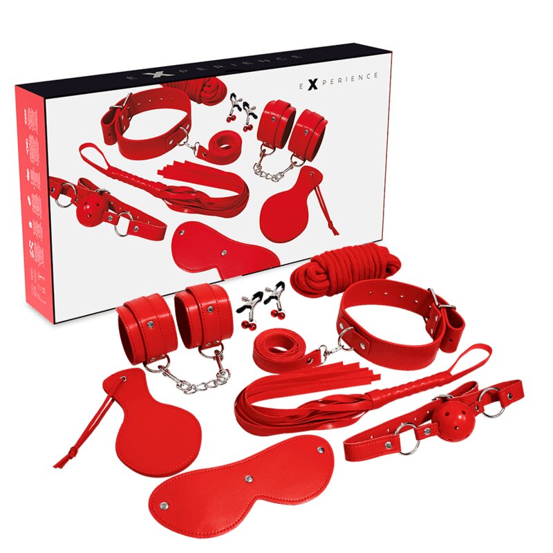 EXPERIENCE Set BDSM – Fetish Kit cu 8 accesorii din piele sintetică pentru dominație și submissive play culoare roșie