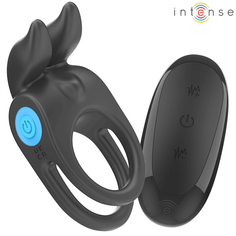 INTENSE Inel dublu pentru penis cu vibrații – Sam 10 moduri telecomandă încărcare USB silicon medical negru