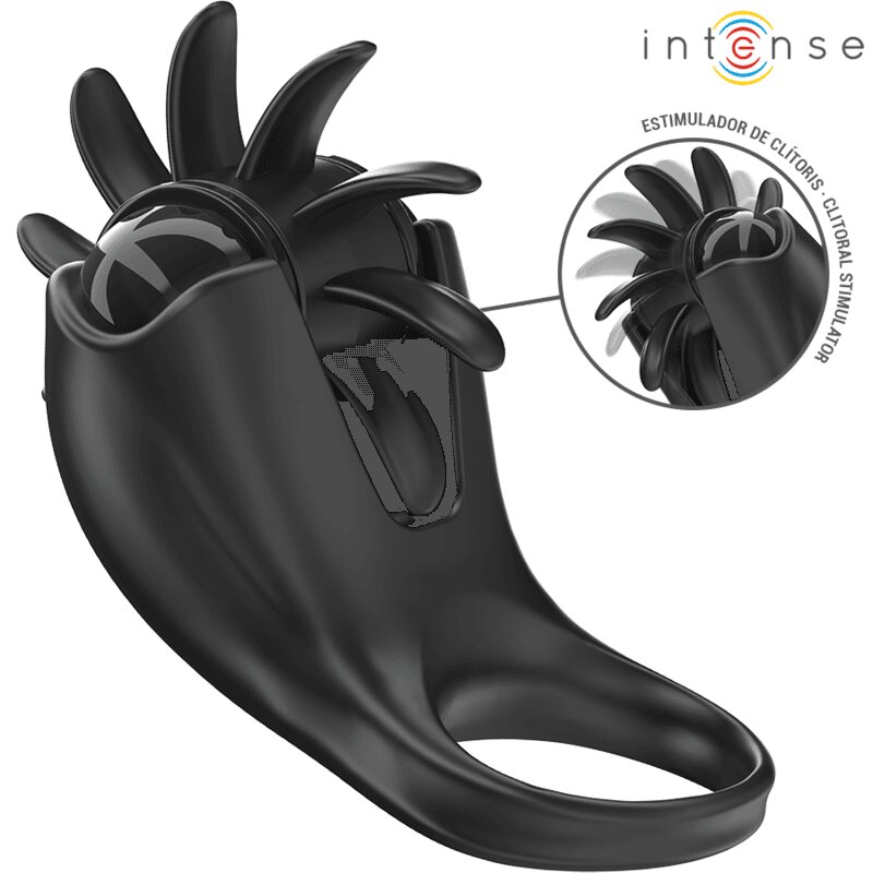 INTENSE Inel pentru penis cu vibrații – Mabel cu stimulator clitoridian 10 moduri încărcare USB silicon medical negru