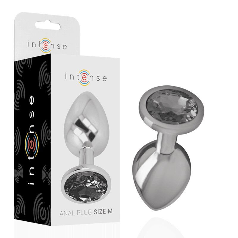INTENSE Plug anal – Metalic cu bijuterie din sticlă neagră mărimea M 8 cm