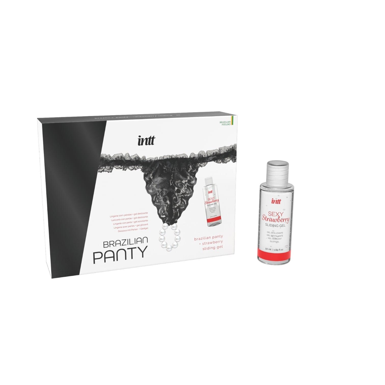 INTT Set – Brazilian Panty Black chilot din dantelă neagră cu inel de Perle stimulatoare mărime universală si lubrifiant cu aromă de căpșuni 50 ml