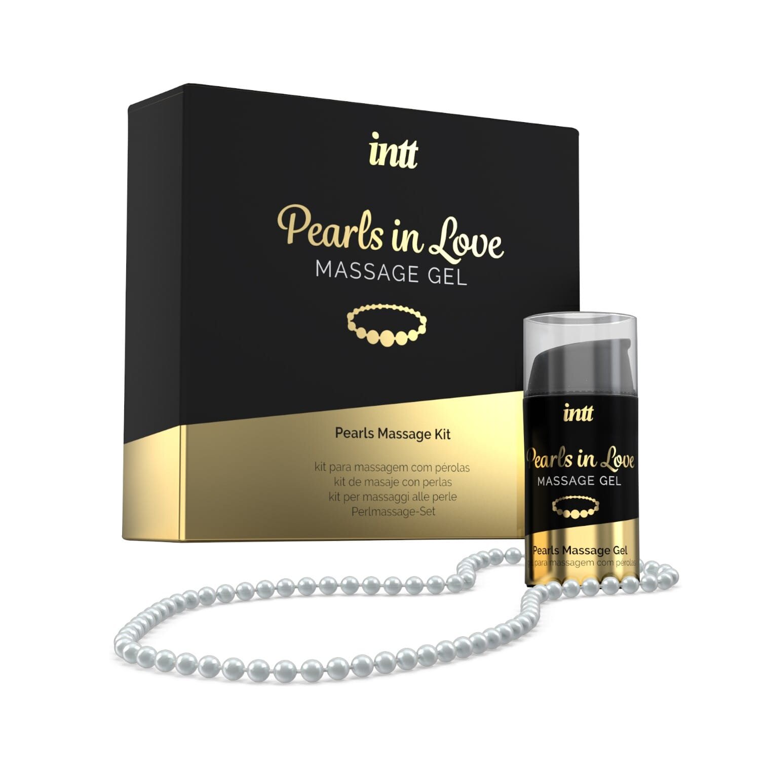INTT Set - Pearls in Love pentru masaj erotic cu colier din perle albe si gel pe bază de silicon 15 ml