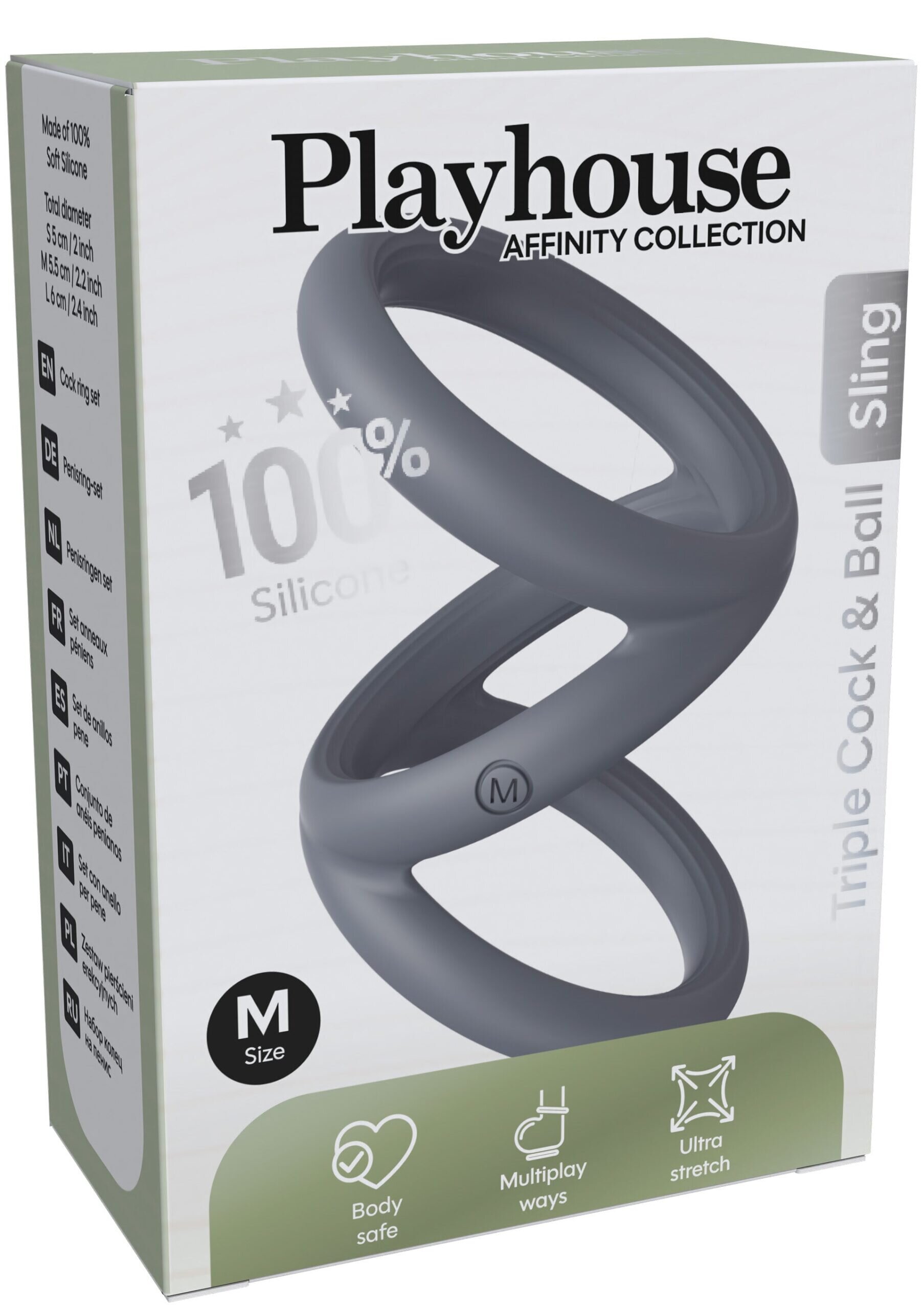 Playhouse Inel pentru penis triplu Affinity - Triple cock & Ball Sling 100% silicon ultraflexibil M gri