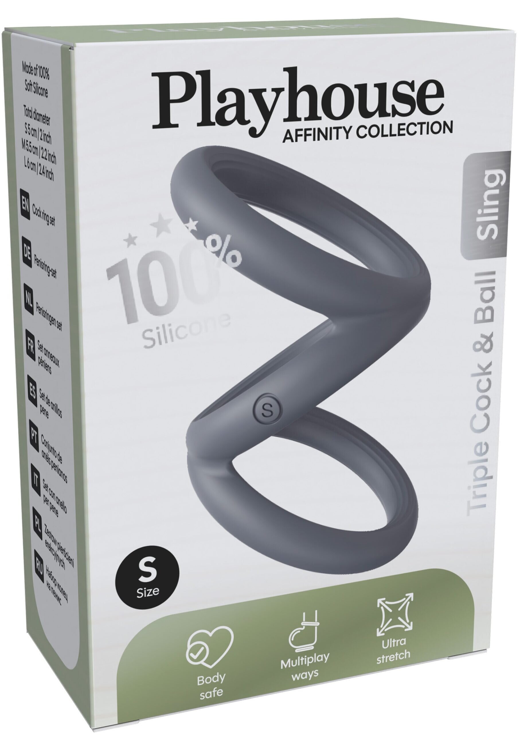 Playhouse Inel pentru penis triplu Affinity - Triple cock & Ball Sling 100% silicon ultraflexibil S gri
