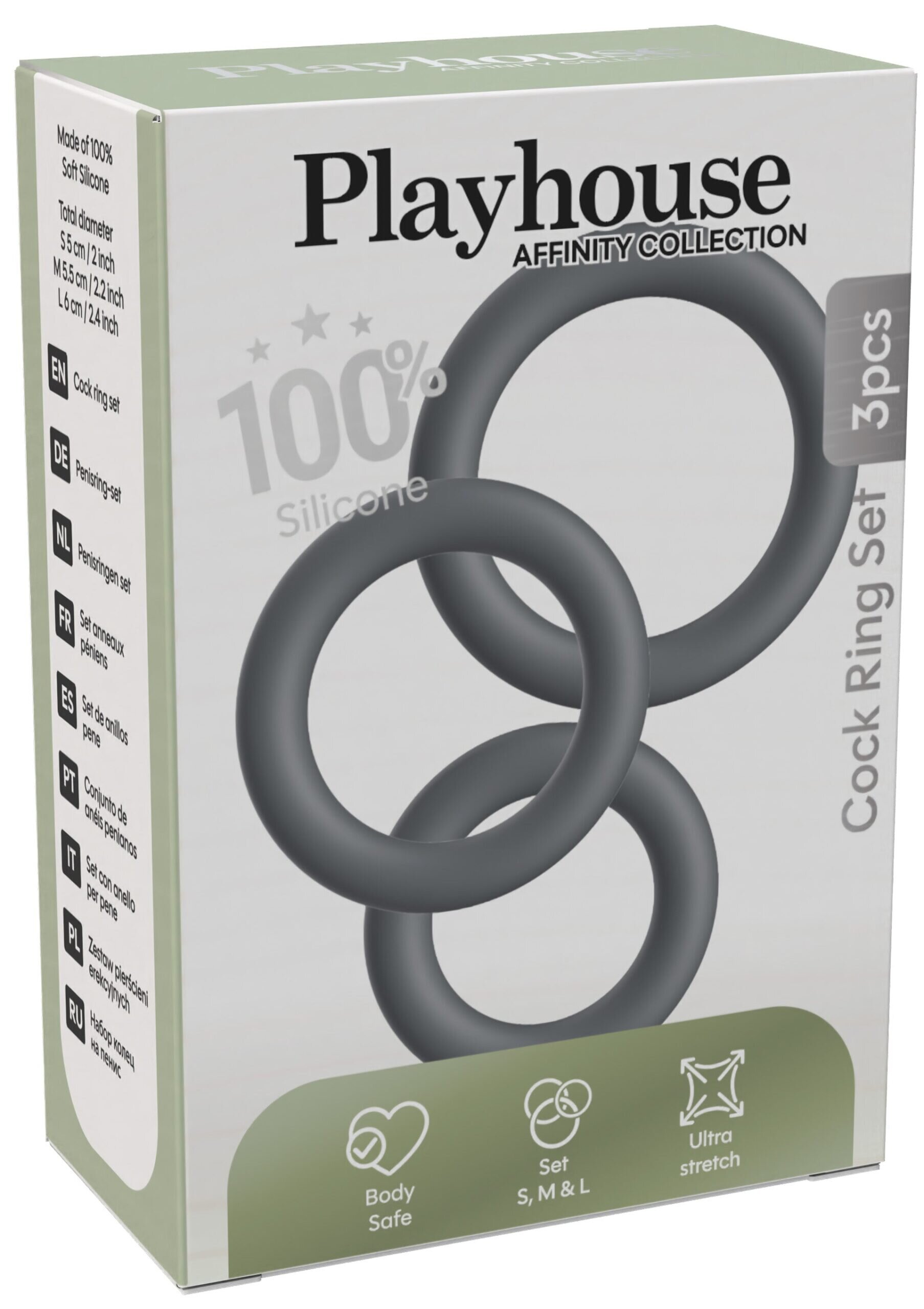 Playhouse Set 3 inele pentru penis Affinity - Cock Ring Set 100% silicon ultraflexibil S M L gri
