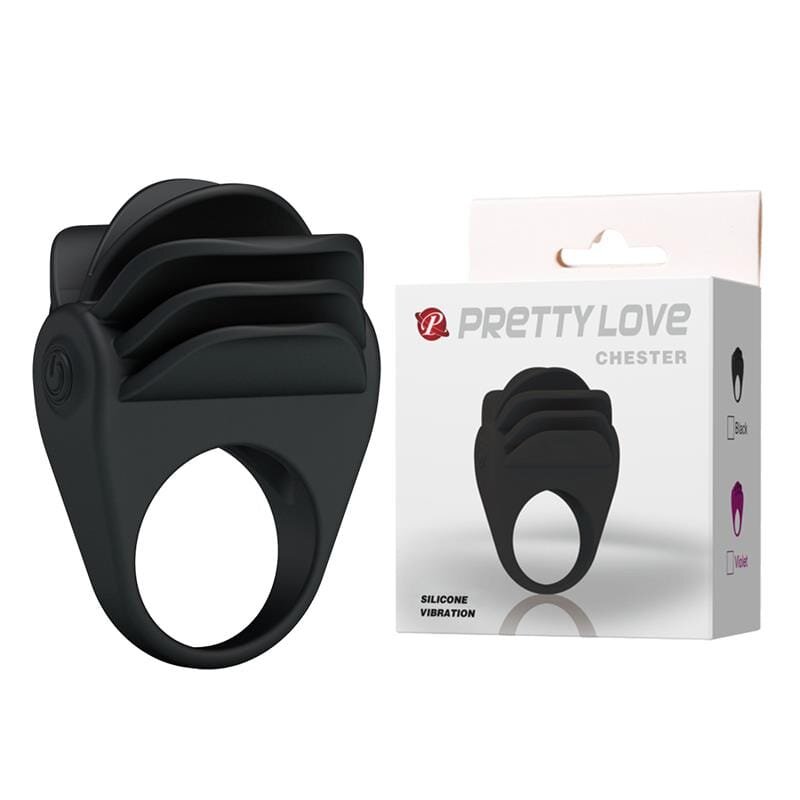 PRETTYLOVE Inel pentru penis cu vibrații - Chester silicon premium dublă stimulare negru