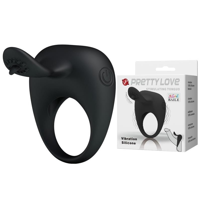 PRETTYLOVE Inel vibrator - Stimulating TONGUO pentru penis și stimulare clitoridiană din silicon moale negru
